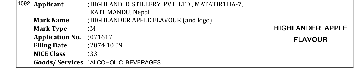 Original bulletin entry for HIGHLANDER APPLE FLAVOUR (and logo)