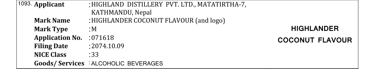 Original bulletin entry for HIGHLANDER COCONUT FLAVOUR (and logo)