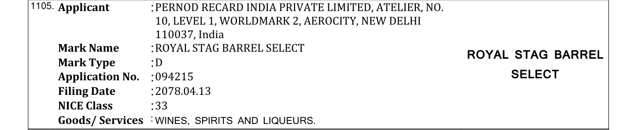 Original bulletin entry for ROYAL STAG BARREL SELECT ROYAL STAG BARREL
