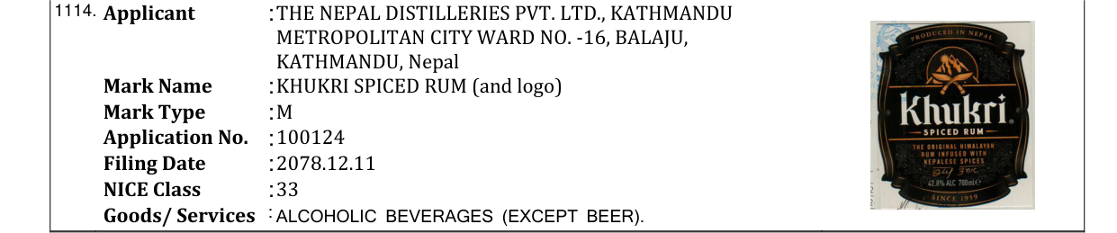 Original bulletin entry for KHUKRI SPICED RUM (and logo)