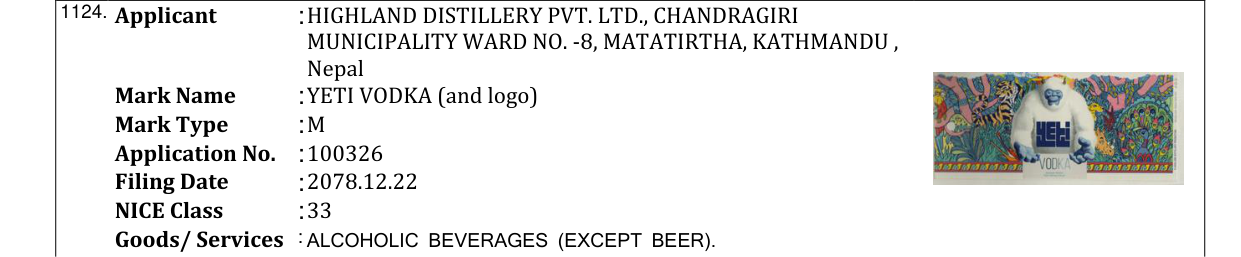 Original bulletin entry for YETI VODKA (and logo)