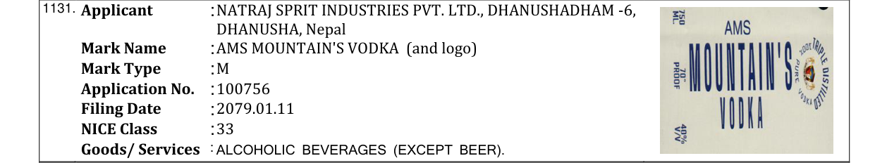 Original bulletin entry for AMS MOUNTAIN'S VODKA (and logo)