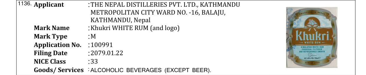 Original bulletin entry for Khukri WHITE RUM (and logo)