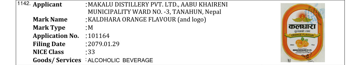 Original bulletin entry for KALDHARA ORANGE FLAVOUR (and logo)