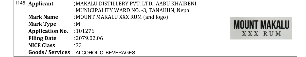 Original bulletin entry for MOUNT MAKALU XXX RUM (and logo)
