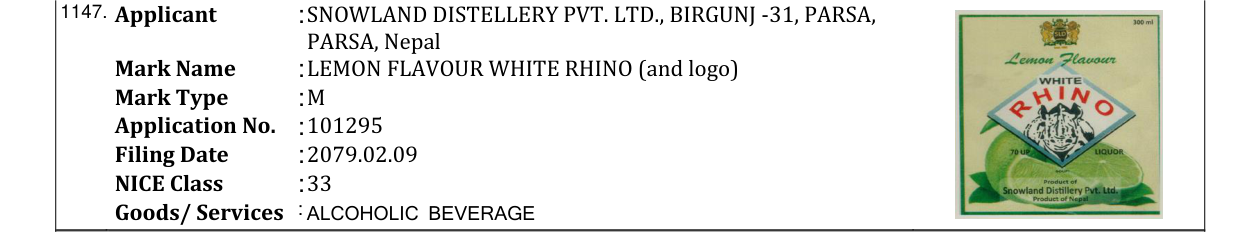 Original bulletin entry for LEMON FLAVOUR WHITE RHINO (and logo)