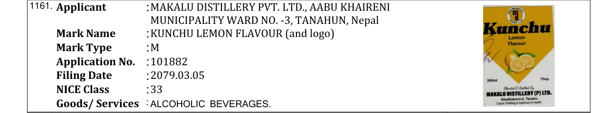 Original bulletin entry for KUNCHU LEMON FLAVOUR (and logo)