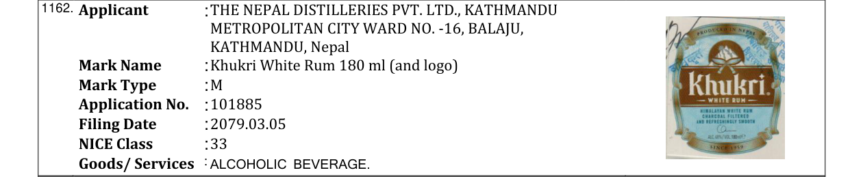 Original bulletin entry for Khukri White Rum 180 ml (and logo)