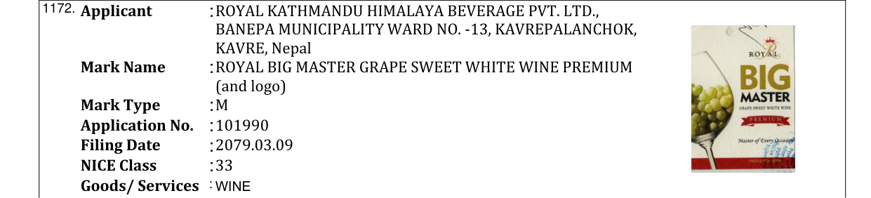 Original bulletin entry for ROYAL BIG MASTER GRAPE SWEET WHITE WINE PREMIUM (and logo)