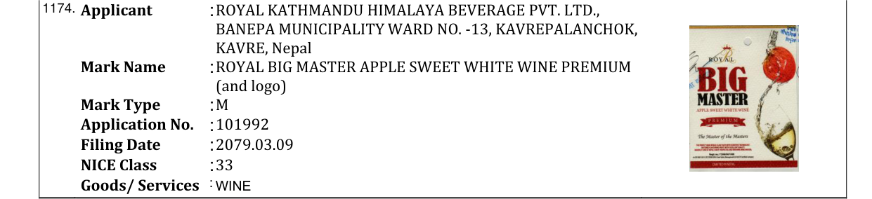 Original bulletin entry for ROYAL BIG MASTER APPLE SWEET WHITE WINE PREMIUM (and logo)