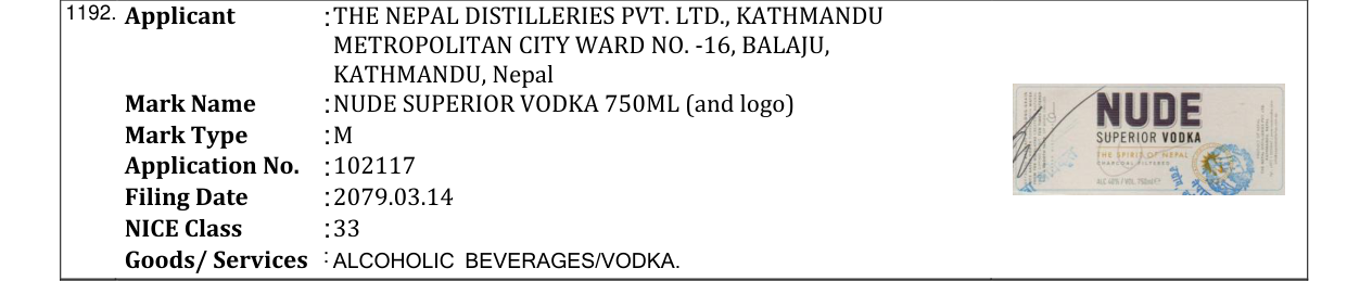 Original bulletin entry for NUDE SUPERIOR VODKA 750ML (and logo)