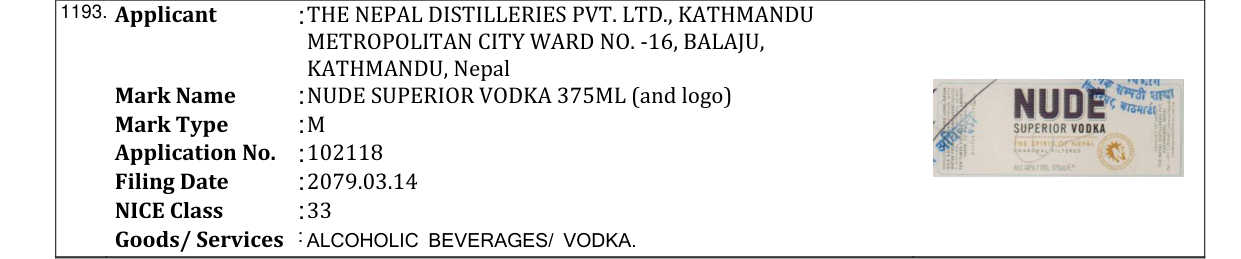 Original bulletin entry for NUDE SUPERIOR VODKA 375ML (and logo)