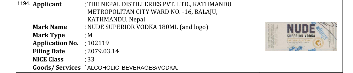 Original bulletin entry for NUDE SUPERIOR VODKA 180ML (and logo)