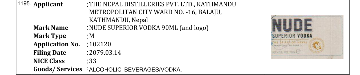 Original bulletin entry for NUDE SUPERIOR VODKA 90ML (and logo)