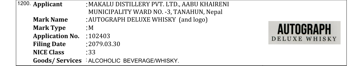 Original bulletin entry for AUTOGRAPH DELUXE WHISKY (and logo)