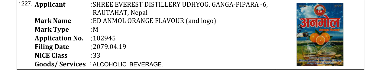 Original bulletin entry for ED ANMOL ORANGE FLAVOUR (and logo)