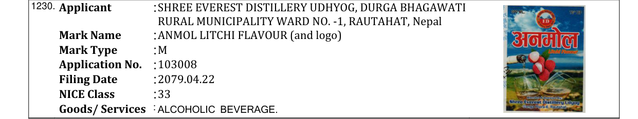 Original bulletin entry for ANMOL LITCHI FLAVOUR (and logo)