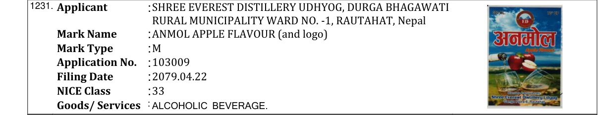 Original bulletin entry for ANMOL APPLE FLAVOUR (and logo)