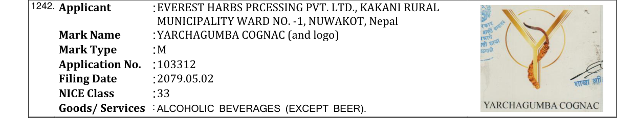 Original bulletin entry for YARCHAGUMBA COGNAC (and logo)