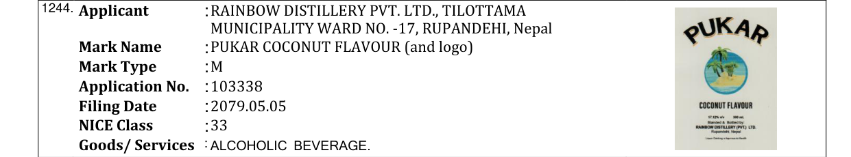 Original bulletin entry for PUKAR COCONUT FLAVOUR (and logo)