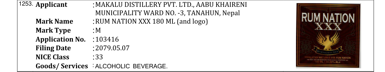 Original bulletin entry for RUM NATION XXX 180 ML (and logo)