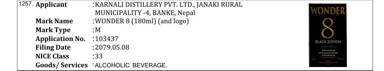 Original bulletin entry for WONDER 8 (180ml) (and logo)