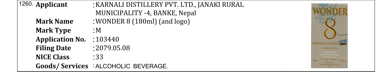 Original bulletin entry for WONDER 8 (180ml) (and logo)
