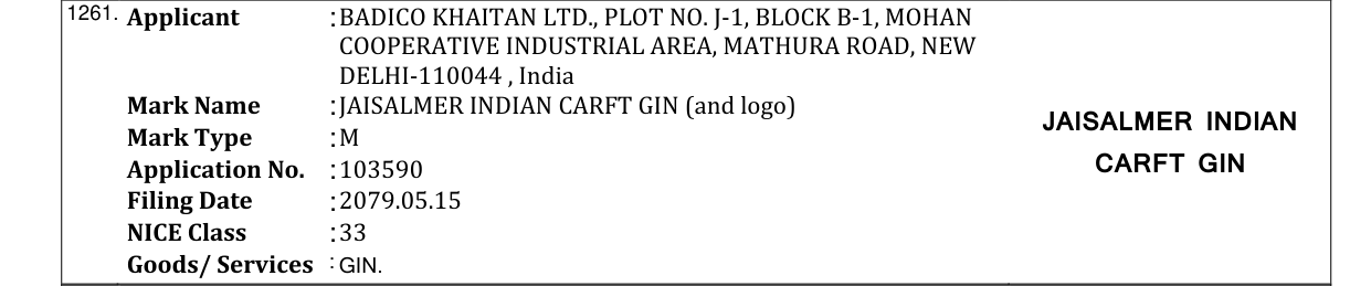 Original bulletin entry for JAISALMER INDIAN CARFT GIN (and logo) JAISALMER INDIAN