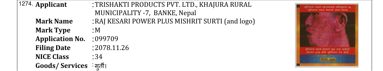 Original bulletin entry for RAJ KESARI POWER PLUS MISHRIT SURTI (and logo)