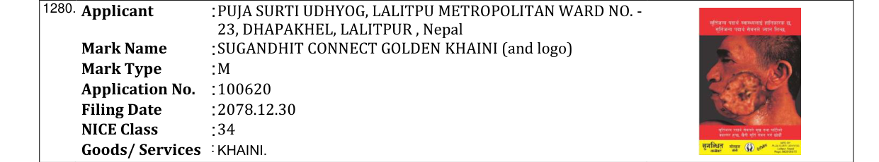 Original bulletin entry for SUGANDHIT CONNECT GOLDEN KHAINI (and logo)