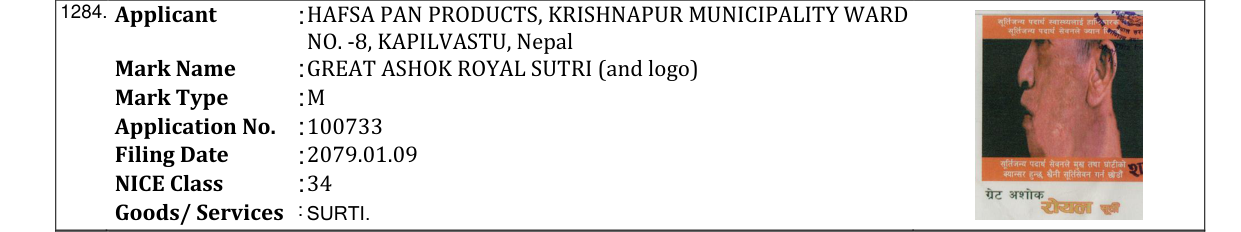 Original bulletin entry for GREAT ASHOK ROYAL SUTRI (and logo)