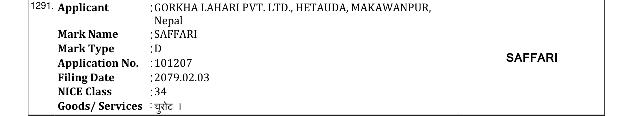 Original bulletin entry for SAFFARI
