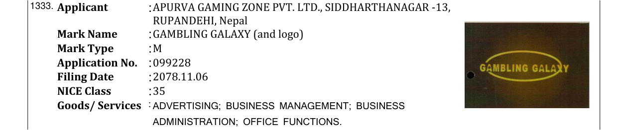 Original bulletin entry for GAMBLING GALAXY (and logo)