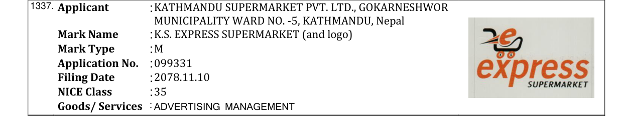 Original bulletin entry for K.S. EXPRESS SUPERMARKET (and logo)