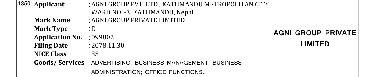 Original bulletin entry for AGNI GROUP PRIVATE LIMITED