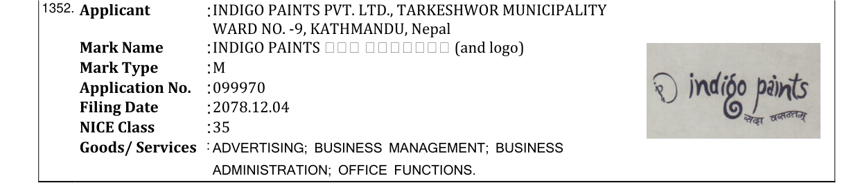 Original bulletin entry for INDIGO PAINTS ससस ससससससस (and logo)
