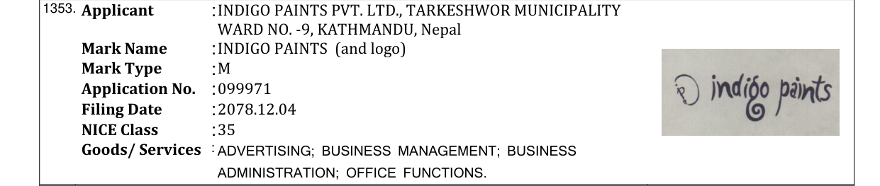 Original bulletin entry for INDIGO PAINTS (and logo)