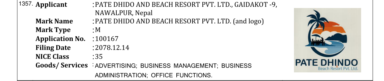 Original bulletin entry for PATE DHIDO AND BEACH RESORT PVT. LTD. (and logo)
