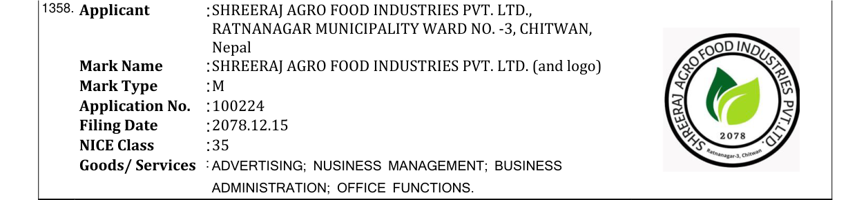 Original bulletin entry for SHREERAJ AGRO FOOD INDUSTRIES PVT. LTD. (and logo)