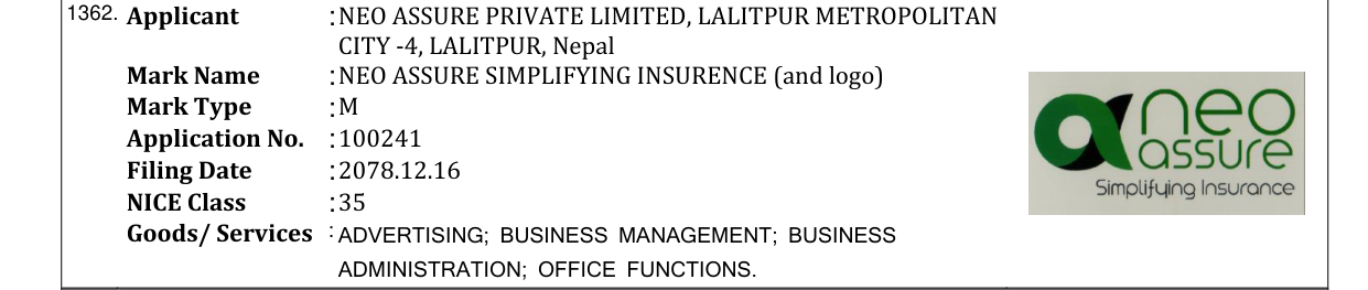 Original bulletin entry for NEO ASSURE SIMPLIFYING INSURENCE (and logo)