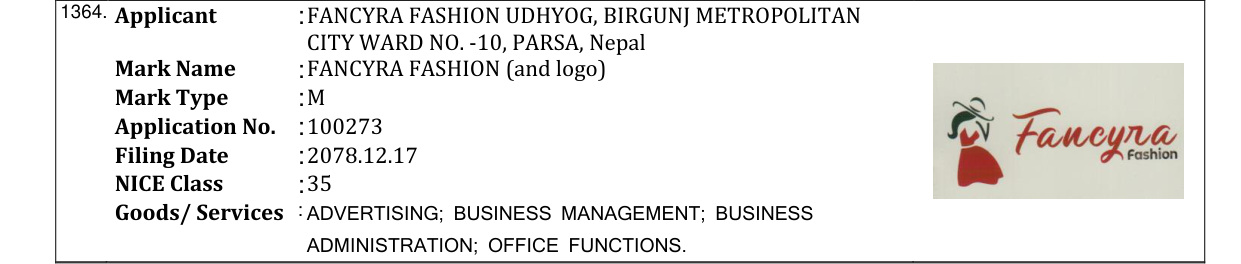 Original bulletin entry for FANCYRA FASHION (and logo)