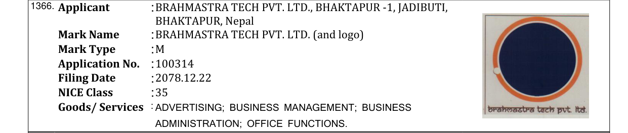 Original bulletin entry for BRAHMASTRA TECH PVT. LTD. (and logo)