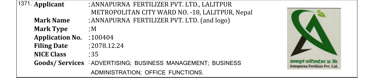 Original bulletin entry for ANNAPURNA FERTILIZER PVT. LTD. (and logo)