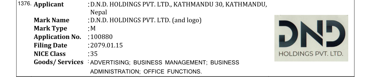 Original bulletin entry for D.N.D. HOLDINGS PVT. LTD. (and logo)