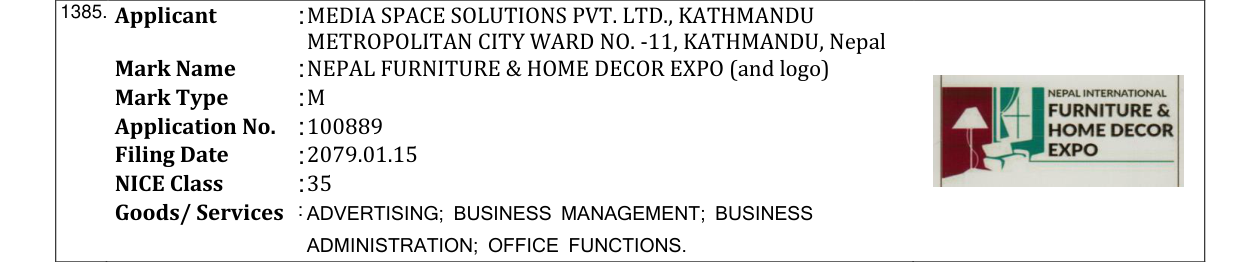 Original bulletin entry for NEPAL FURNITURE & HOME DECOR EXPO (and logo)