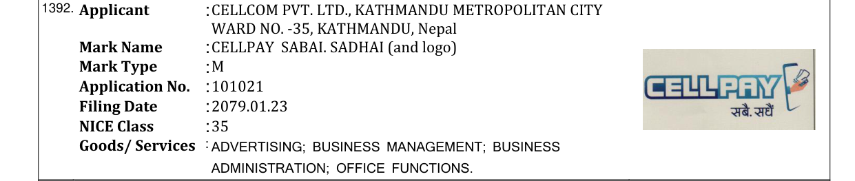 Original bulletin entry for CELLPAY SABAI. SADHAI (and logo)