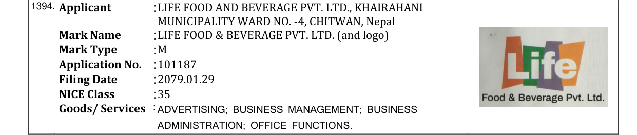 Original bulletin entry for LIFE FOOD & BEVERAGE PVT. LTD. (and logo)