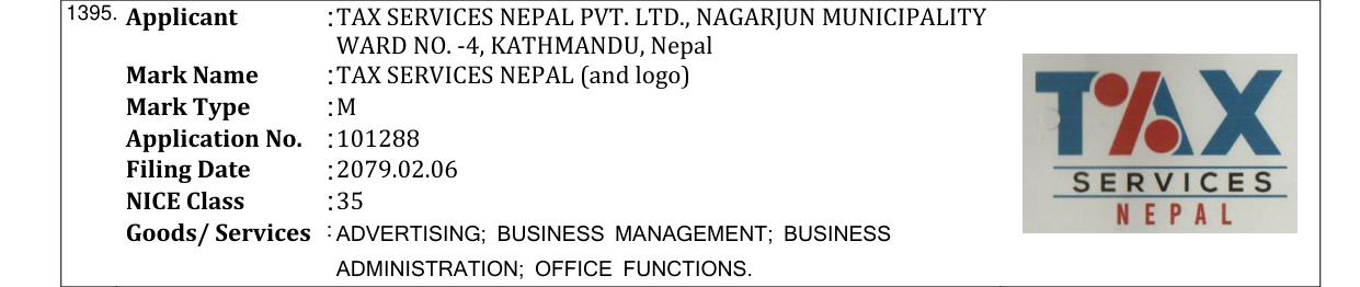 Original bulletin entry for TAX SERVICES NEPAL (and logo)