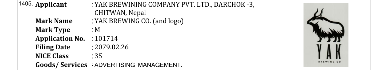 Original bulletin entry for YAK BREWING CO. (and logo)