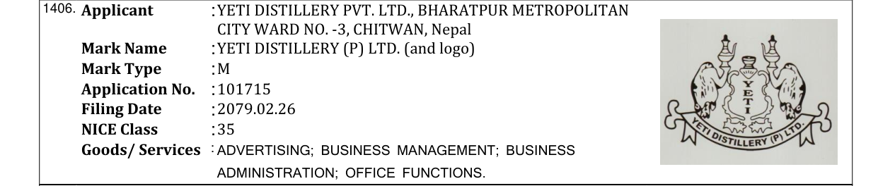 Original bulletin entry for YETI DISTILLERY (P) LTD. (and logo)